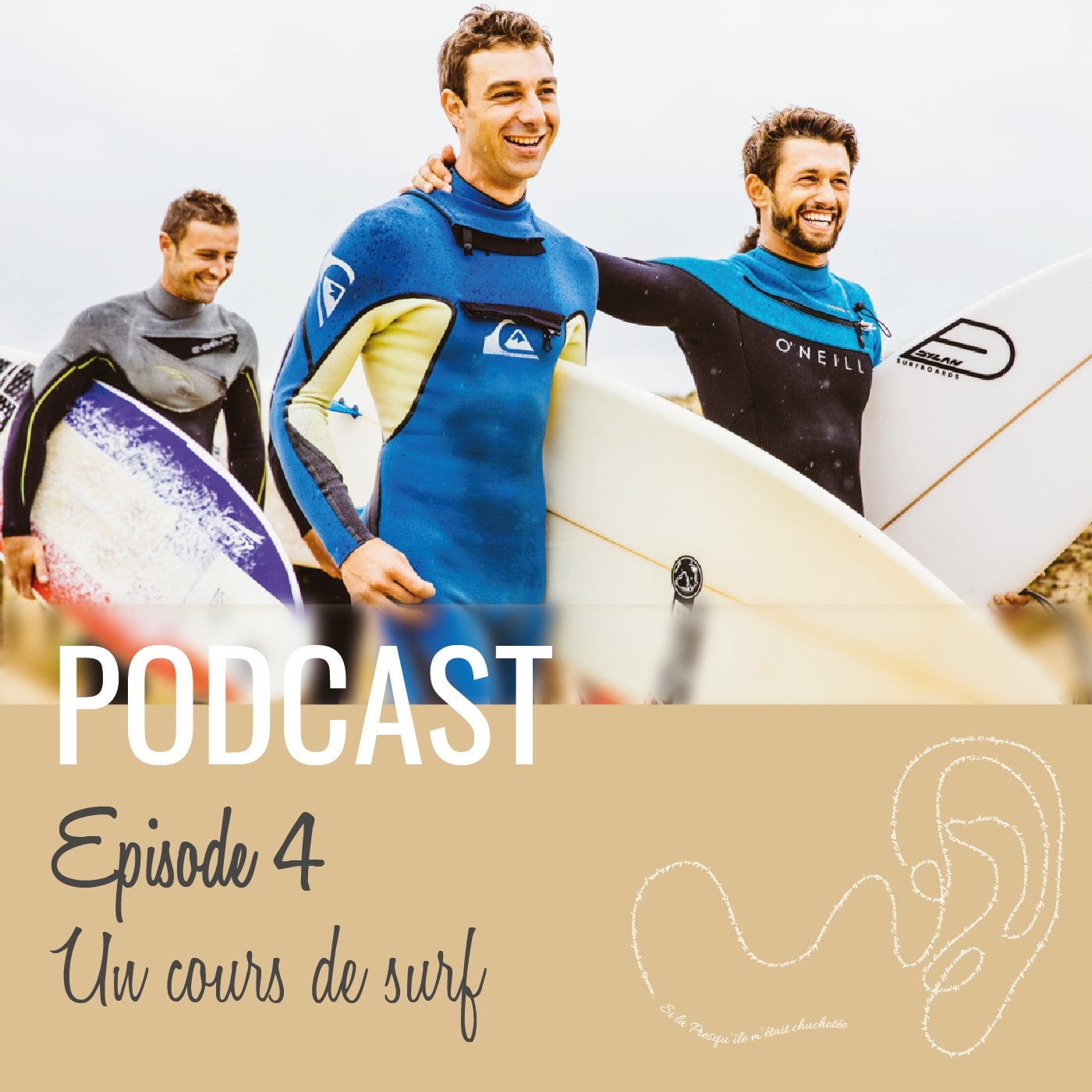 Podcast épisode 4 "un cours de surf" 3 amis surfeurs se préparent à aller dans l'eau.