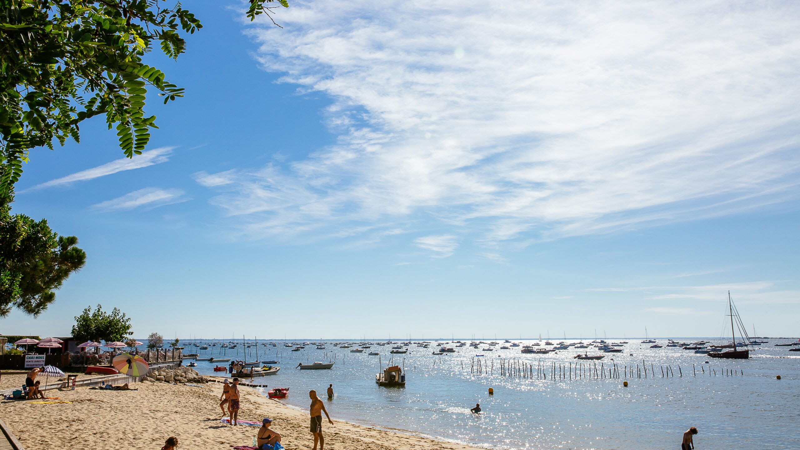 Plage de Grand Piquey pendant l'été avec des personnes dans l'eau et d'autres qui bronzent sur leur serviette.