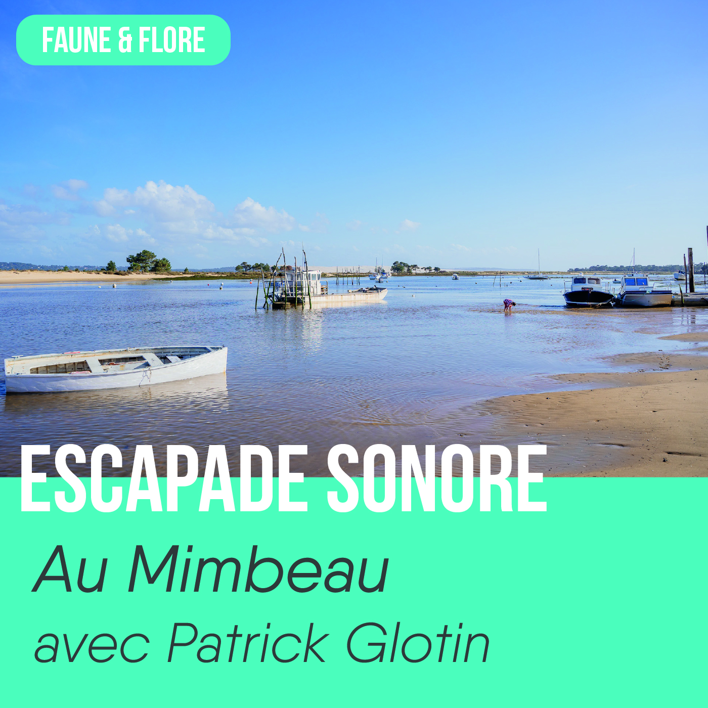 Escapade sonore, "Au Mimbeau avec Patrick Glotin", vue sur la plage du Mimbeau avec le bassin et les bateaux de pêche.