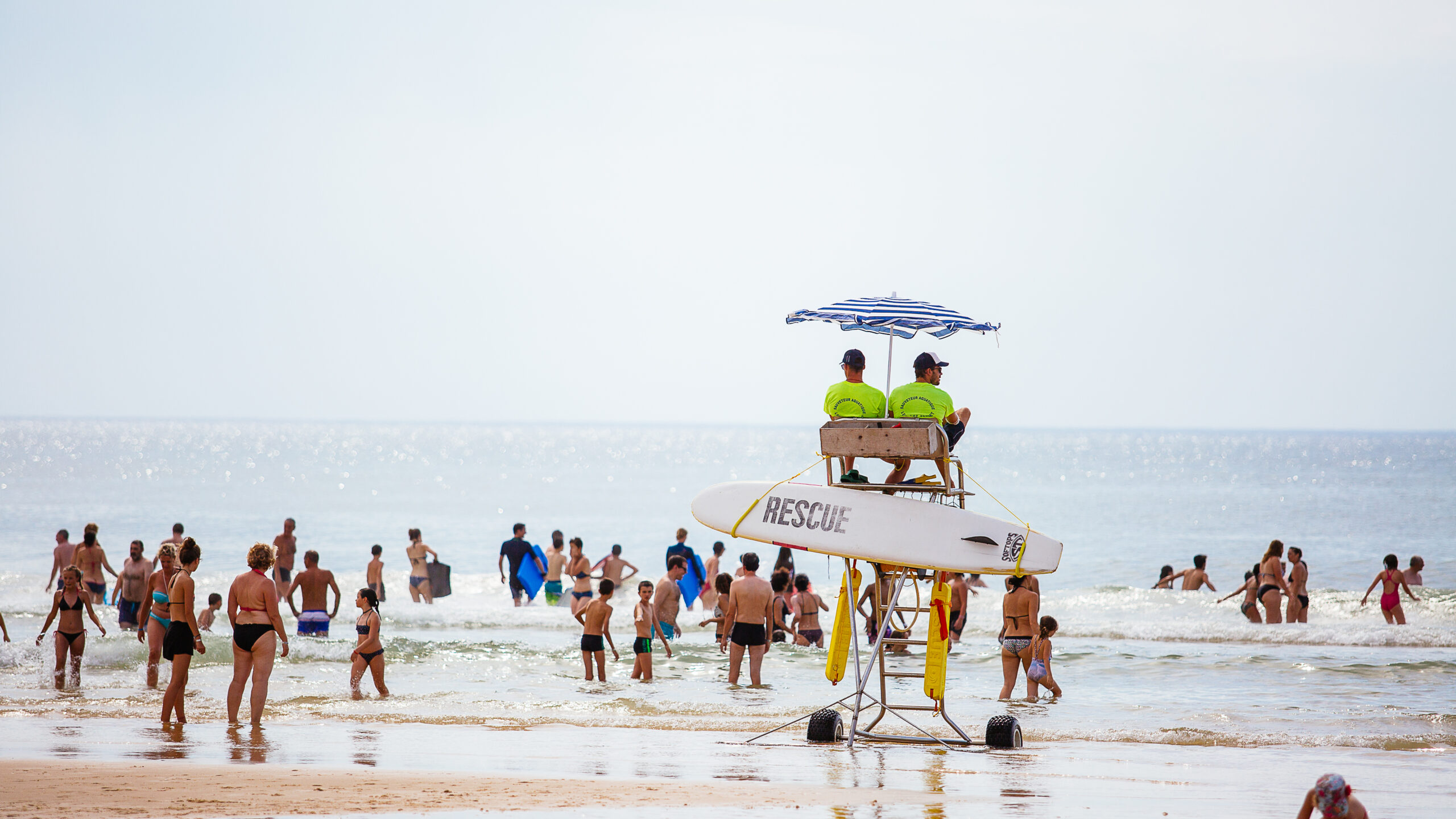 les maîtres nageurs sauveteurs sont en train de surveiller les gens dans l'eau sur leur chaise à hauteur.