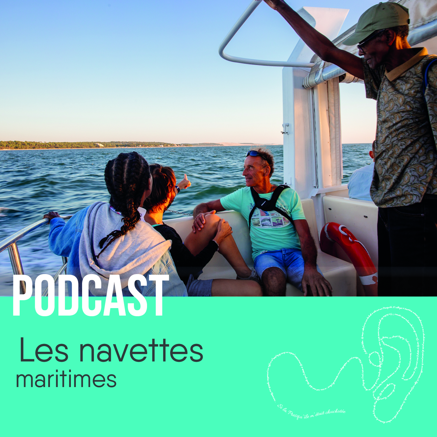 Groupe d’amis admirant le Bassin d’Arcachon depuis une navette sur l’eau