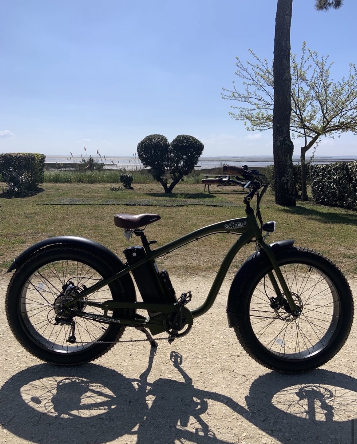Une vélo électrique devant un petite place avec le Bassin d'Arcachon en fond.